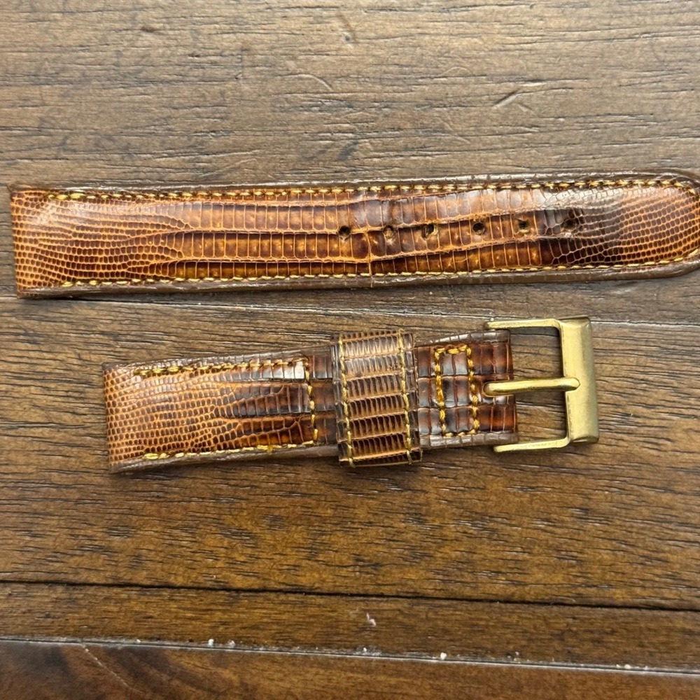 Binson Watch Strap Unisex Brown Genuine Lizagator Leather Vintage Gold Buckle